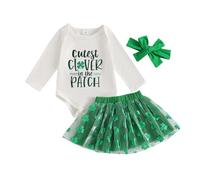 My First St Patrick’s Day Outfit Baby Girl Clothes Long Sleeve Shamrock Print Romper Green Tutu Skirt Bow Headband 3Pcs Set Newborn Spring Fall Clothing (Green Four Leaf Clover, 6-9 Months)