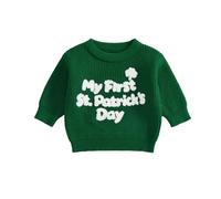 My First St. Patricks Day Infant Baby Girl Boy Clothes Embroidered Letter Knitted Jumper Irish Lightweight Sweater Clover Top Clothing (Green, 0-3 Months)