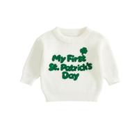 My First St. Patricks Day Infant Baby Girl Boy Clothes Embroidered Letter Knitted Jumper Irish Lightweight Sweater Clover Top Clothing (White, 3-6 Months)