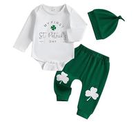 My First St. Patricks Day Newborn Baby Clothes Sets Lucky Green Shamrock Romper Long Sleeve Clover Trouser Hats Baby Saint Patrick's Day Outfit Irish Clothing Set for Photo Party Paddy's Day
