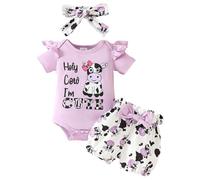 My First St Patricks Day Outfits Newborn Ruffle Short Sleeve Romper Bow Elastic Waist Print Flare Pants Headband 3pcs Set (Purple, 3-6 Months)