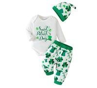 My First St Patricks Day Outfits Newborn Ruffle Short Sleeve Romper Bow Elastic Waist Print Flare Pants Headband 3pcs Set (White, 3-6 Months)