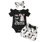 My First St Patricks Day Outfits Newborn Ruffle Short Sleeve Romper Bow Elastic Waist Print Flare Pants Headband 3pcs Set (0-3 Months) Black