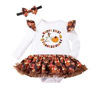 My First Thanksgiving Baby Girl Outfit Long Sleeve Turkey Print Costume with Hair Accessories for Infant Toddler Holiday Celebration