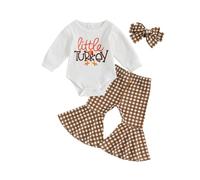 My First Thanksgiving Baby Girl Outfit Ribbed Bodysuit Retro Gingham Flared Pants Headband Cute 3Pcs Bell Bottoms Set Newborn Coming Home Holiday Clothes Photo (Brown, 0-3 Months)
