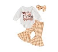 My First Thanksgiving Baby Girl Outfit Ribbed Bodysuit Retro Gingham Flared Pants Headband Cute 3Pcs Bell Bottoms Set Newborn Coming Home Holiday Clothes Photo (Orange, 6-12 Months)