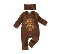 My First Thanksgiving Baby Girl Outfit Turkey Jumpsuit Ribbed Ruffle Rompers Long Sleeve Bodysuit with Headband Cute Newborn Coming Home Photo Shoot Holiday Fall Clothes (Coffee, 0-3 Months)