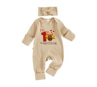 My First Thanksgiving Baby Girl Outfit Turkey Jumpsuit Ribbed Ruffle Rompers Long Sleeve Bodysuit with Headband Cute Newborn Coming Home Photo Shoot Holiday Fall Clothes (Apricot, 3-6 Months)