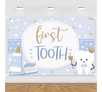 My First Tooth Backdrop Cute Tooth Photography Background Cloth Blue Stars 1st Birthday Tooth Celebration Party for Boys Dentist Teeth Themed Dental Party Supplies Photo Booth Props 5x3ft