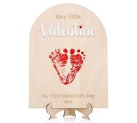 My First Valentine's Day 2026 Wooden Plaque with Stand, Baby Footprint Keepsake, 10.6 x 7.87 Inches, Natural Wood with Acrylic Decoration