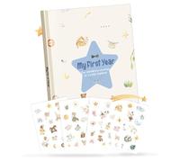 My First Year Baby Memory Book - A4 Diary & Keepsake Album with Star Design, Includes 62 Stickers, Ideal for Birth, Baptism & Baby Shower