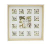 My First Year Baby Photo Frame, 27cm Safari-Themed Wooden Newborn Keepsake Picture Frame with 13 Apertures for Nursery and New Baby Memories