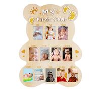 My First Year Picture Frame, Cut Bear Shape Baby Photo Frame Wood Board Personalized 12 Months Baby Photo Display 1st Birthday Memories Gift for Boy Girl Nursery Decoration