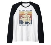 My Food Pyramid Eat Meat Repeat Retro Vintage Funny BBQ Joke Raglan Baseball Tee