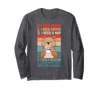 My Four Moods I Need Coffee, Funny Sarcastic Bear Grumpy Long Sleeve T-Shirt, Adult Unisex, Dark Heather Grey, X-Large