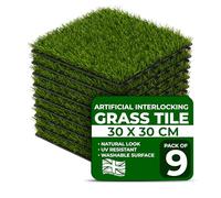 My Garden Artificial Grass Tiles 30x30cm - 9 Pack Interlocking Fake Grass Turf Squares - UV Resistant Outdoor Faux Grass Mat for Garden, Balcony, Patio, Decking & Indoor Flooring