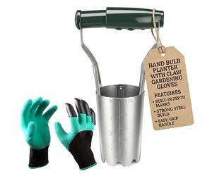 My Garden Bulb Planter Tool with Claw Gloves & Built in Depth Marker - Steel Garden Bulb Planting Tool with Easy Grip Handle For Digging Transplanting - Easy Release Handle Removes & Ejects Soil