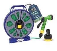My Garden Hose Pipe 15m/50ft - Flat Hose Pipe on Reel with 7 Functions Spray Nozzle, Stand & Handle - Garden Hose Reel with 3/4",1/2" Tap Adaptor - Compact Water Hose for Gardening, Patio Cleaning