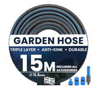 My Garden Hose Pipe 15m - Anti Kink Hosepipe Inc 4 Connectors - 11.3mm Dia - Durable Triple Layer Water Hose with Spray Nozzle - Weather Resistant Kink Free Hose Ideal for Home & Garden