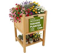 My Garden Planter with Storage Shelf & PE Liner - 50 x 50 x 85cm Free Standing Square Wooden Planter for Indoor, Outdoor, Patio, Balcony, Living Room Plant Display Shelf