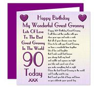 My Great Granny 90th Happy Birthday Card - Lots of Love to The Best Great Granny in The World - 90 Today - Sentimental Verse