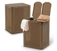 My Happy Home 84L Double Laundry Hamper - Brown Clothes Basket with 2 Lids & Compartments - Foldable Laundry Bin with Handles - Durable Plastic Dirty Clothes Hamper with Ventilation Holes