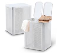 My Happy Home Laundry Hamper with 2 Lids - 84L Large Double Laundry Basket with Handles & Compartments - Dirty Clothes Hamper with Breathable Holes - Durable & Foldable - White