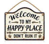 My Happy Place Wooden Sign, 25 x 20 cm/9.8 × 7.9 in Light Brown Hanging Plaque with Rope, Vintage Wall Art Decoration for Home Bar, Kitchen and Front Door, 1 Pc