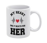 My Heart Only Beats for Him Her-1 White Ceramic Coffee Mug 11 Oz, Double-Sided Printed Tea Cup with Ergonomic C-Handle, Thickened Bottom Porcelain Drinkware for Home Office Kitchen, Novelty Gifts for