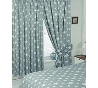 My Home 66" x 54" Stars Grey Curtains With Tie Backs, Pencil Pleat Header Tape, Novelty Kids Children's Design, Slate White
