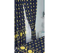 My Home 66" x 54" Sun And Moon Blue, Pencil Pleat Curtains + Matching Tie-Backs, Sun Crescent Moon Stars Space,Yellow Gold