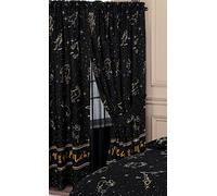 My Home 66" x 72" Celestial Curtains With Tie Backs, Horoscopes Constellations Night Sky Stars Zodiac Signs, Black White Yellow