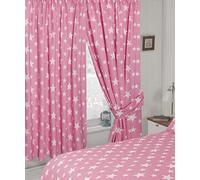 My Home 66" x 72" Stars Pink Curtains With Tie Backs, Pencil Pleat Header Tape, Novelty Kids Children's Design, Pink White