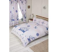 My Home Double Bed Nautical Theme, Duvet/Quilt Cover Bedding Set, Boat Ship Anchor Wheel Compass Lamp Lighthouse Rope Bottle, Blue Navy White