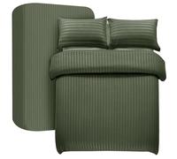My home store Single Duvet Cover Set 3 Pcs Satin Stripe Duvet Covers Soft Brushed Microfiber Bedding Set with Fitted Sheet 30 CM Deep & 1 Pillow Case (Olive Green)