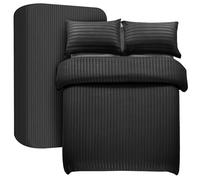 My home store Super King Duvet Set 4 Pcs Satin Stripe Duvet Covers Soft Brushed Microfiber Bedding Set with Fitted Sheet 30 CM Deep & 2 Pillow Cases (Black)