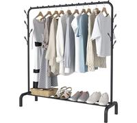 MY HOMIE Clothes Rail Heavy Duty Metal Wardrobe Hanging Rail, Small Open Clothing Rack Hanger with Shelves and Shoe Storage Stand, Free Standing Clothes Rack Pole, Black Pop Up Wardrobe, Portable