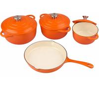 MY HOMIE Enamel Cast Iron Dutch Oven and Saucepan Set with 7 pcs Non Stick Pans Set, 3 Small Medium Large Dutch Ovens with Lid and 1 Sauce Pan, Gas Induction Cooker Compatible Cookware - (Orange)