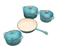 MY HOMIE Enamel Cast Iron Dutch Oven and Saucepan Set with 7 pcs Non Stick Pans Set, 3 Small Medium Large Dutch Ovens with Lid and 1 Sauce Pan, Gas Induction Cooker Compatible Cookware - Light Blue