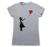 My Icon Art & Clothing Banksy Girl Heart Balloon Graffiti Street Art Womens T-Shirt, Light Grey, Small