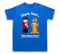 My Icon Art & Clothing Charly Says 70s Retro Public Information Mens T-Shirt, Royal Blue, Medium
