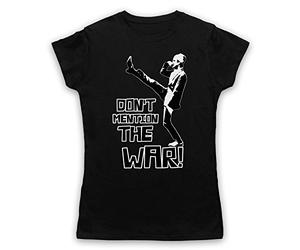 My Icon Art & Clothing Fawlty Basil Don't Mention The War Comedy TV Womens T-Shirt, Black, Medium