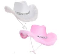 My Illusions 2 Pack Cowgirl Hats Western-Themed Hen Night Fancy Dress Ladies Festival Cowboy Costume Accessories (White & Pink Feather)