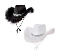 My Illusions 2 Pack Cowgirl Hats Western-Themed Hen Night Fancy Dress Ladies Festival Cowboy Costume Accessories (Black & White with Feathers)