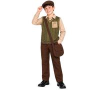 My Illusions Boys WW2 Evacuee Costume Kids 1940s Fancy Dress Outfit | Boys' WW2 evacuee costume with printed jumper-look top, trousers, hat and shoulder bag for World Book Day and 1940s events.