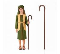 My Illusions Girls Shepherd Costume and Crook Nativity Christmas Fancy Dress Shepherdess Kids Xmas Outfit Green (Large 10-12 Years)