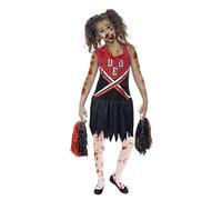 My Illusions Girls Zombie Cheerleader Costume + Pom Poms + Bloodstained Tights Kids Halloween Fancy Dress Costume Outfit (Medium 7-9 Years)