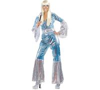 My Illusions Ladies 70s Waterloo Blue Jumpsuit and Microphone Disco Diva Fancy Dress Costume Outfit (Large UK 18-20)