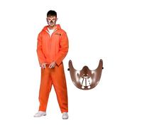 My Illusions Men's Orange Convict Jumpsuit + Cuffs + Hannibal Mask Adults Halloween Fancy Dress Costume
