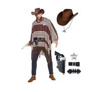 My Illusions Mens Western Cowboy Poncho and Hat Adults Fancy Dress Costume + 5 Piece Accessory Pack